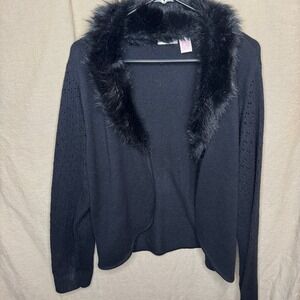 Energie Womens 2X Black Faux Fur Collar Cardigan Y2K Penny Lane